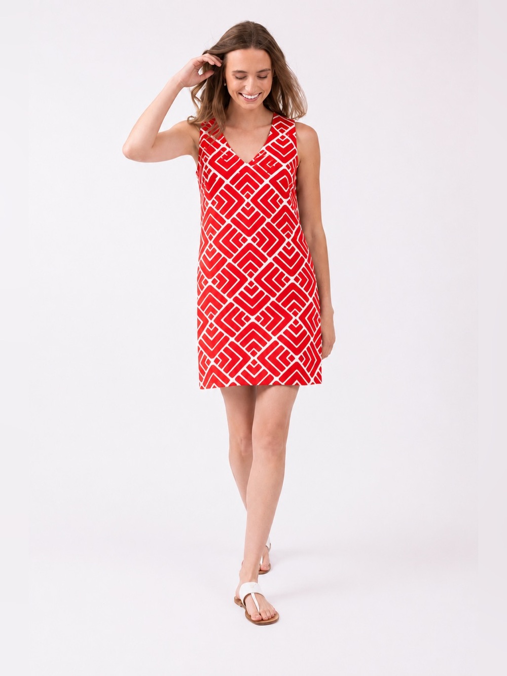 Mahi Gold Printed Sleeveless Dress V Neck Stretch Coral White Medium 386